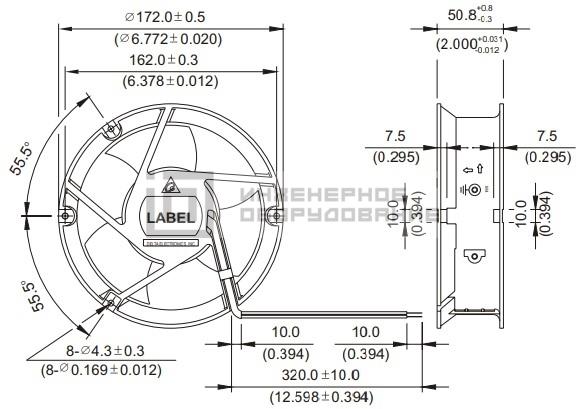 Габаритные размеры осевого вентилятора EFB1748MG Delta Electronics Габаритные размеры осевого вентилятора EFB1748MG