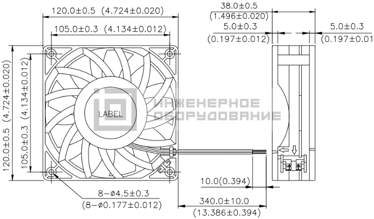 Габаритные размеры осевого вентилятора FFB1224EHE-T500 Delta Electronics Габаритные размеры осевого вентилятора FFB1224EHE-T500