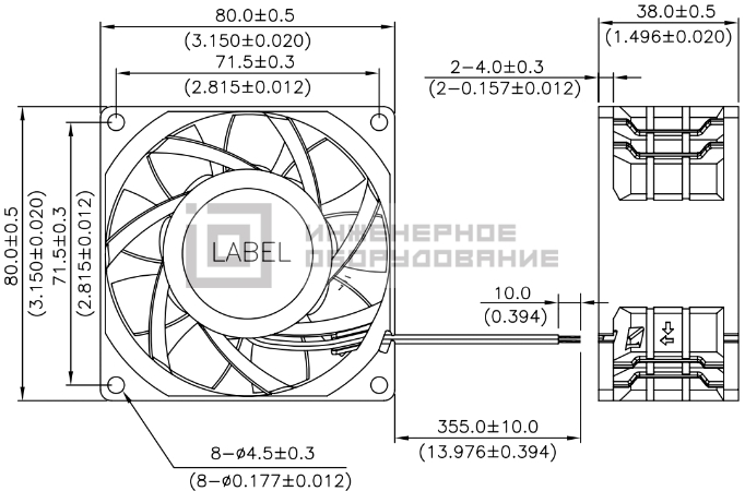 Габаритные размеры осевого вентилятора PFB0812EHE Delta Electronics Габаритные размеры осевого вентилятора PFB0812EHE