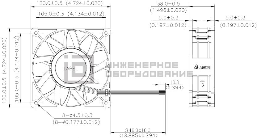 Габаритные размеры осевого вентилятора PFB1224UHE Delta Electronics Габаритные размеры осевого вентилятора PFB1224UHE