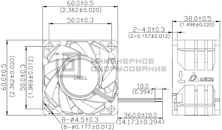 Габаритные размеры осевого вентилятора PFR0612DHE-R00 Delta Electronics Габаритные размеры осевого вентилятора PFR0612DHE-R00