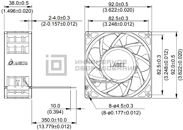 Габаритные размеры осевого вентилятора QFR0948GHE-F00 Delta Electronics Габаритные размеры осевого вентилятора QFR0948GHE-F00