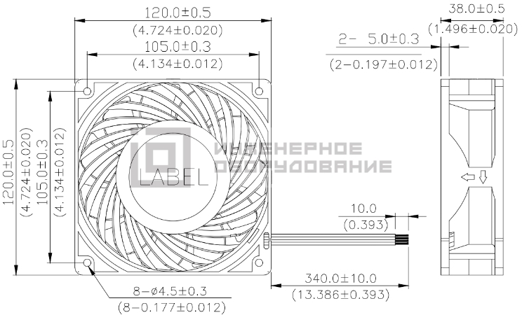 Габаритные размеры осевого вентилятора THA1248BE Delta Electronics Габаритные размеры осевого вентилятора THA1248BE
