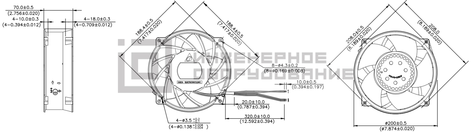 Габаритные размеры осевого вентилятора THD2048HT Delta Electronics Габаритные размеры осевого вентилятора THD2048HT