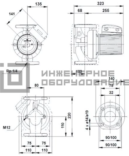 Габаритные размеры насоса UPS 32-60 F B UPS Grundfos