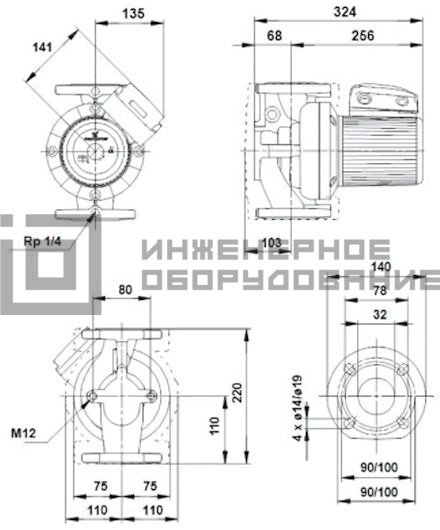 Габаритные размеры насоса UPS 32-120 F B 1х230 UPS Grundfos