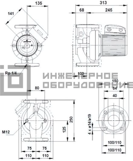 Габаритные размеры насоса UPS 40-120 F B 1х230 UPS Grundfos