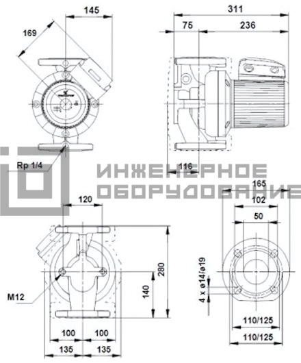 Габаритные размеры насоса UPS 50-120 F B 1х230 UPS Grundfos