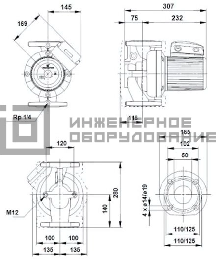 Габаритные размеры насоса UPS 50-120 F B UPS Grundfos
