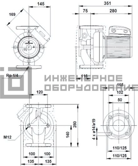 Габаритные размеры насоса UPS 50-180 F 1х230 UPS Grundfos