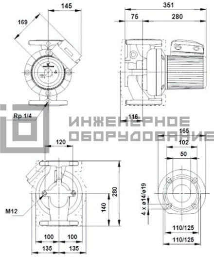 Габаритные размеры насоса UPS 50-180 F B 1х230 UPS Grundfos