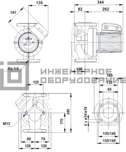 Габаритные размеры насоса UPS 65-60/2 F B 1х230 UPS Grundfos