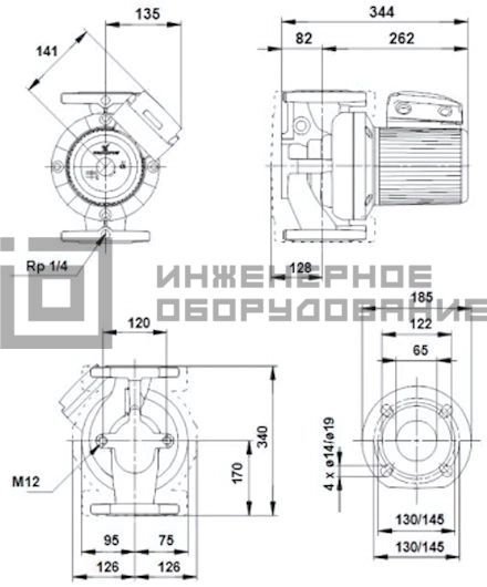 Габаритные размеры насоса UPS 65-60/2 F B UPS Grundfos