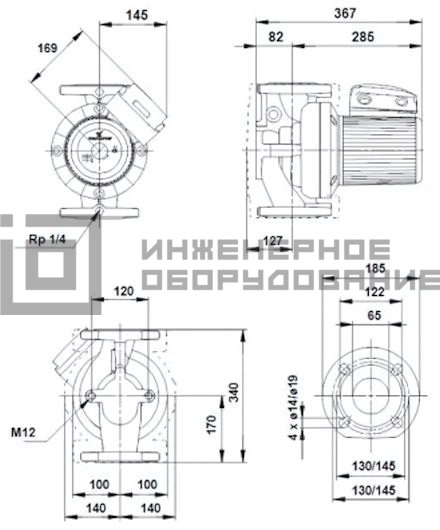 Габаритные размеры насоса UPS 65-180 F UPS Grundfos