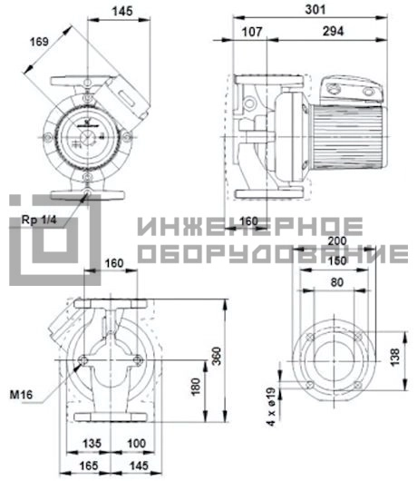 Габаритные размеры насоса UPS 80-60 F PN 6 UPS Grundfos