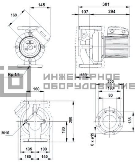 Габаритные размеры насоса UPS 80-60 F B PN 10 UPS Grundfos