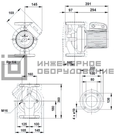 Габаритные размеры насоса UPS 80-120 F UPS Grundfos