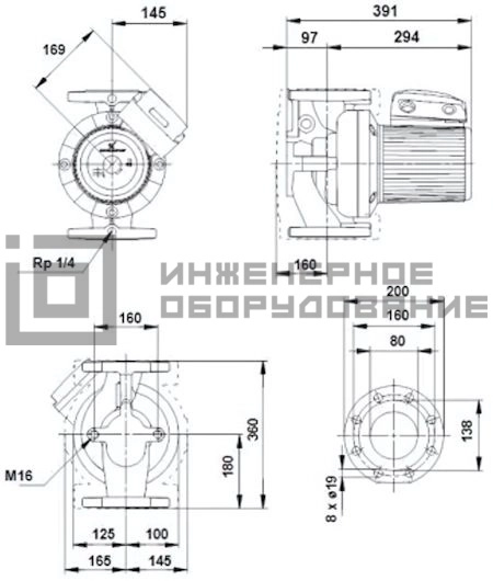 Габаритные размеры насоса UPS 80-120 F B PN 10 UPS Grundfos