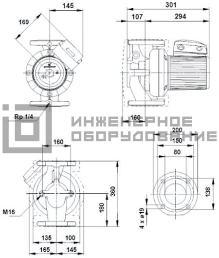 Габаритные размеры насоса UPS 80-60 F B UPS Grundfos