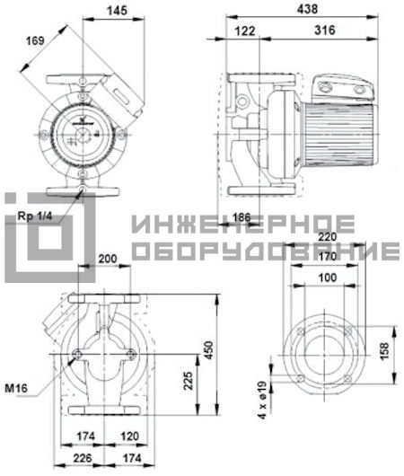 Габаритные размеры насоса UPS 100-30 F B UPS Grundfos