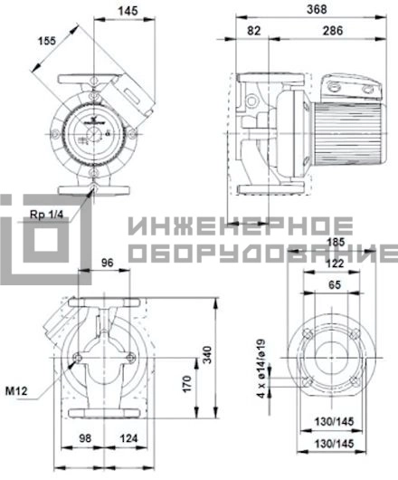 Габаритные размеры насоса UPS 65-185 F UPS Grundfos