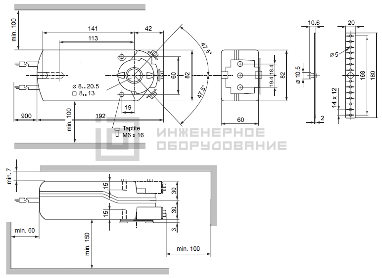 Габаритные размеры привода Siemens GEB166.1E Габаритные размеры привода Siemens GEB166.1E