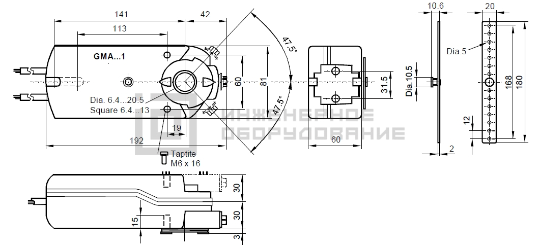 Габаритные размеры привода Siemens GMA126.1E Габаритные размеры привода Siemens GMA126.1E