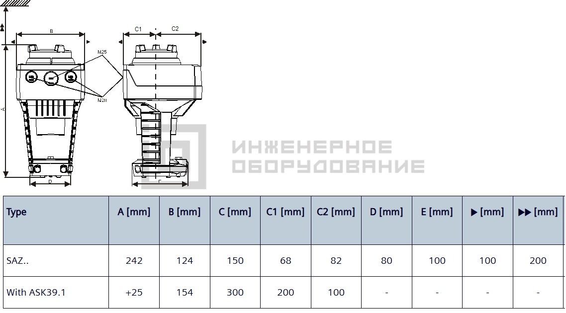 Габаритные размеры привода Siemens SAZ31.00 Габаритные размеры привода Siemens SAZ31.00
