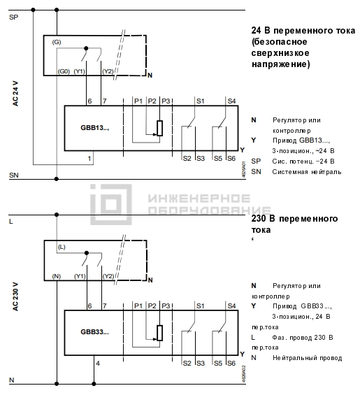 Схема подключения привода Siemens GBB331.1E Схема подключения привода Siemens GBB331.1E