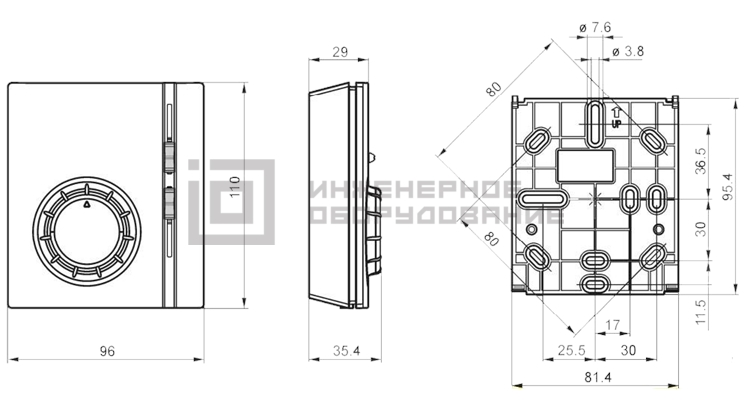 Габаритные размеры термостата RAB31 Siemens RAB31