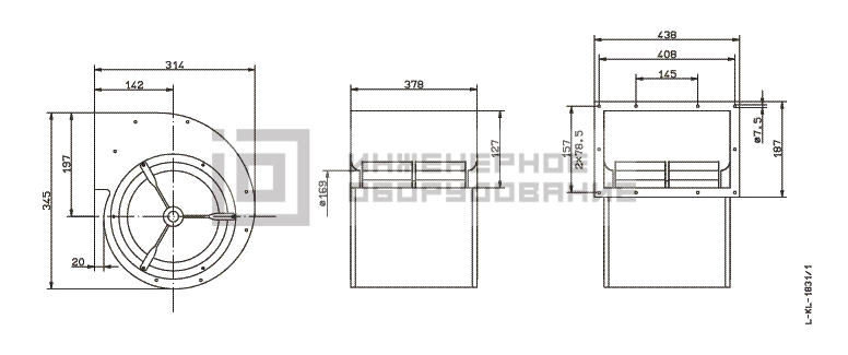 Габаритные размеры центробежного вентилятора RD25S-4EW.4N.AL RD25S-4EW.4N.AL