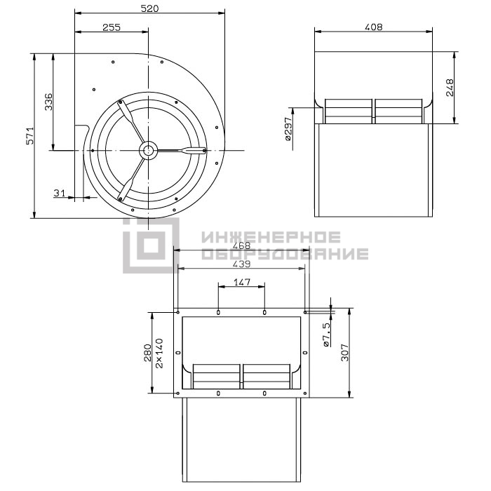 Габаритные размеры центробежного вентилятора RD35S-4DW.6T.2L RD35S-4DW.6T.2L