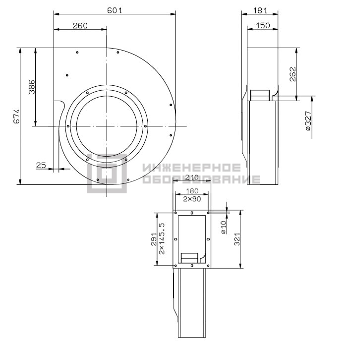 Габаритные размеры центробежного вентилятора RG40S-4DK.6N.AL RG40S-4DK.6N.AL